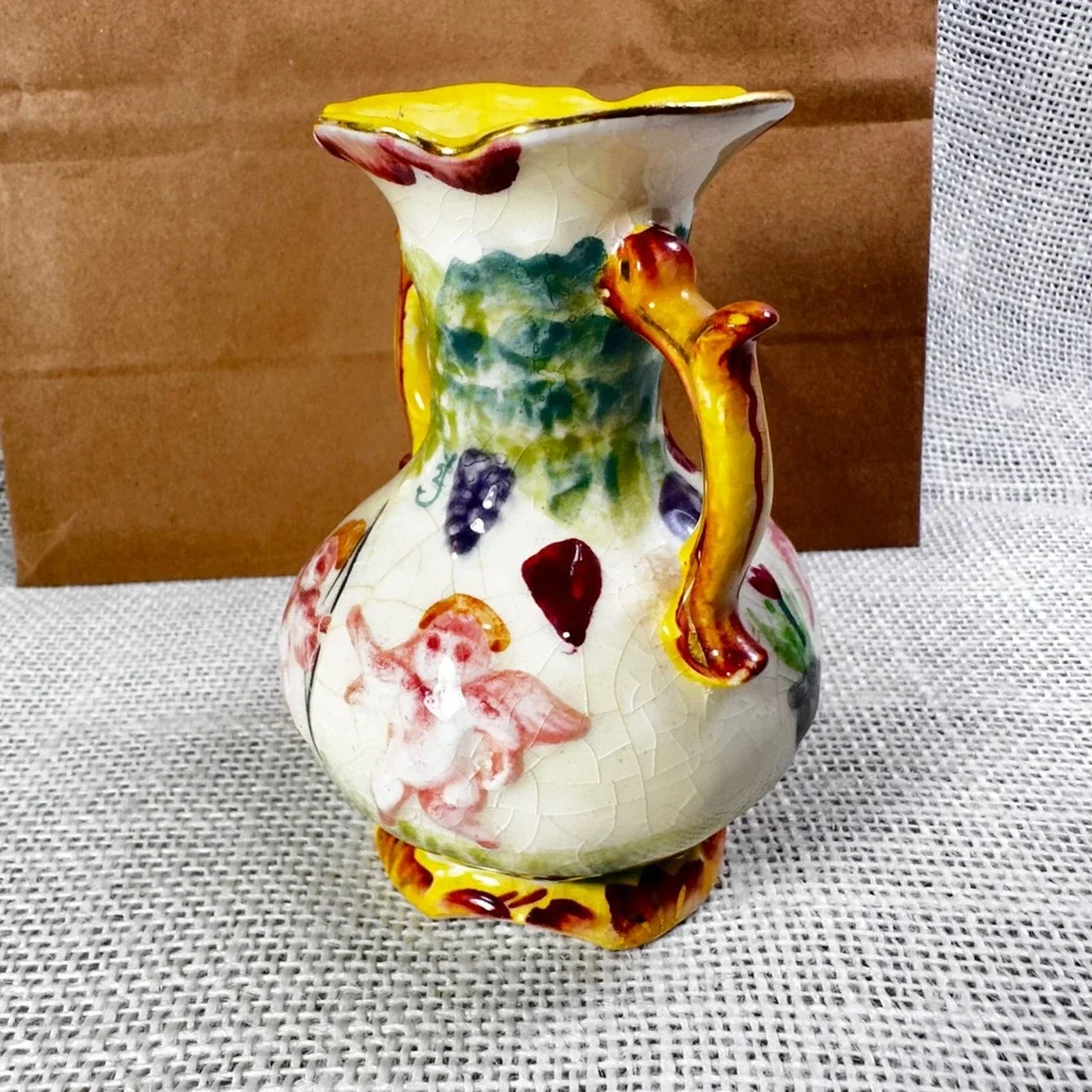Vintage Japan Cherub Vase Crackle Glaze Double Handle Putti‎ Cottage Decor 4.5